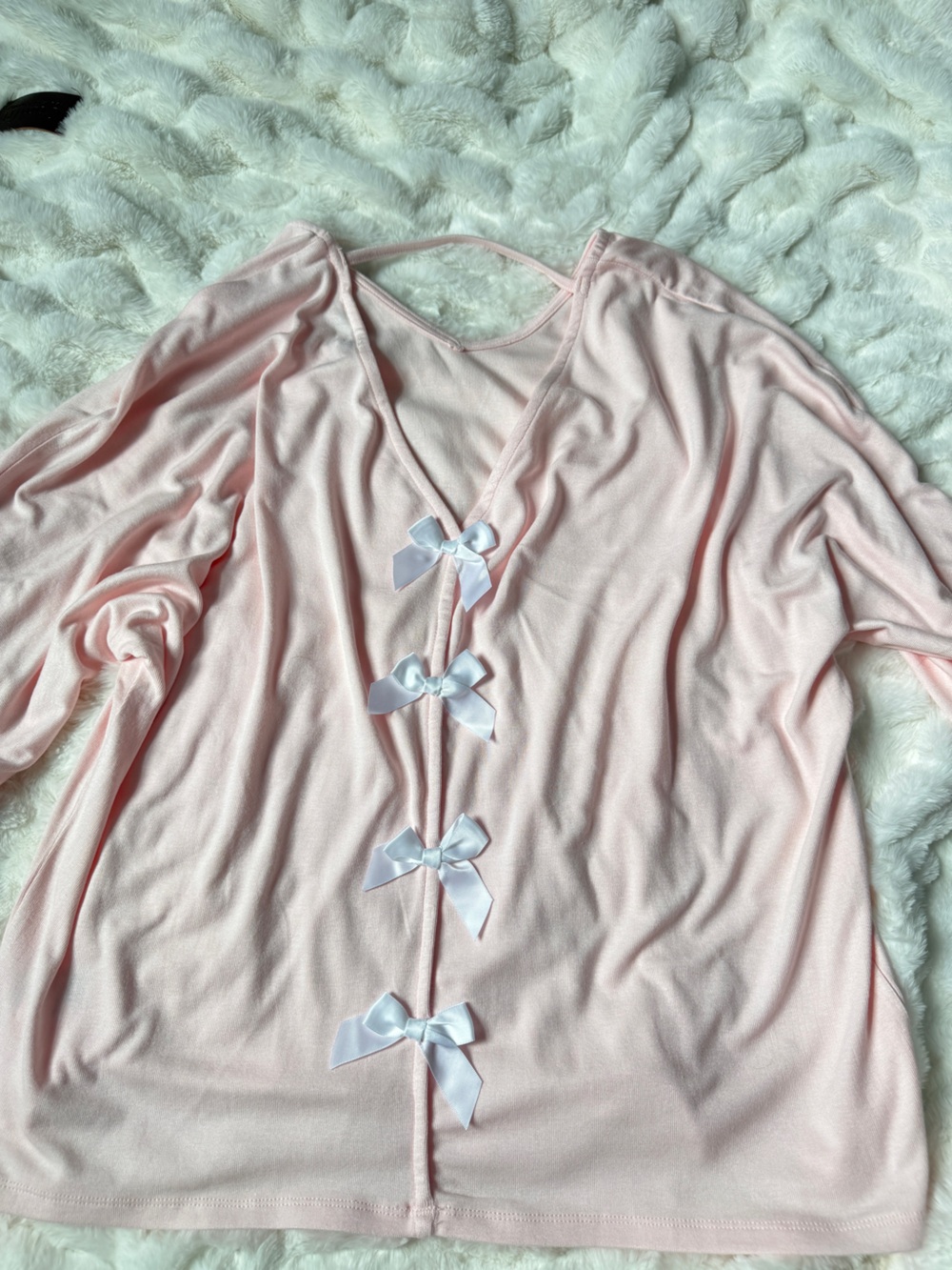 Women's Light Pink Bow-Front Long Sleeve Top